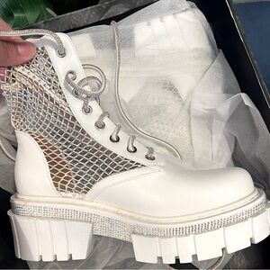 White Rhinestone combat boots